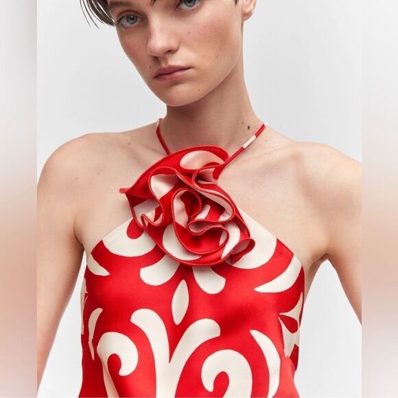 Blogger favorite red satin halter dress with floral applique (brand Mango) - Picture 6 of 15